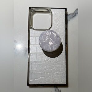 Flaunt white crocodile print faux leather case + pop socket for iPhone 16 Pro